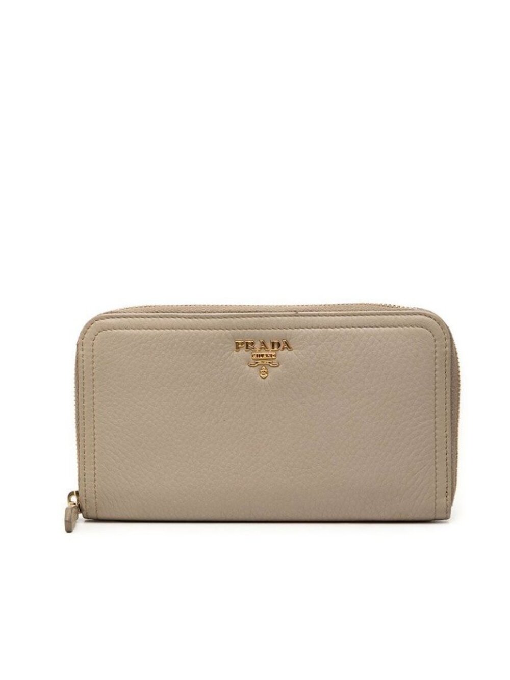 Prada Logo Zip Around Wallet Greige Leather